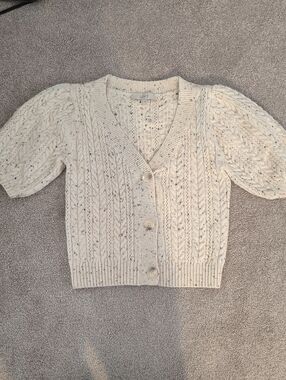 LOFT Cream Cable Knit Puff-Sleeve Button Cardigan